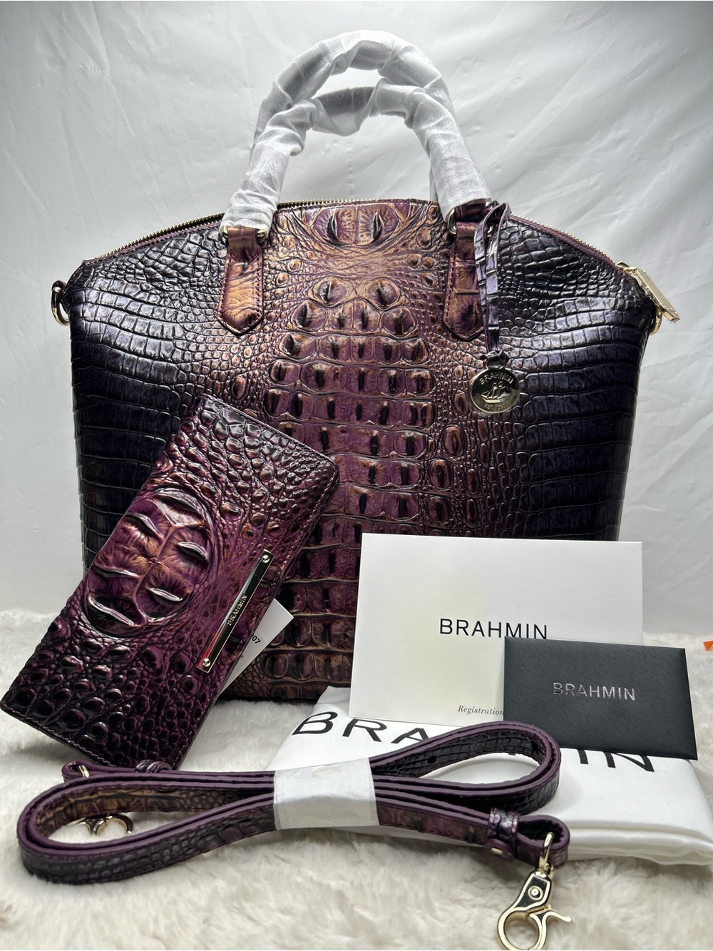 NWT Brahmin Large Duxbury Satchel Fig Jam Melbourne + Ady Wallet